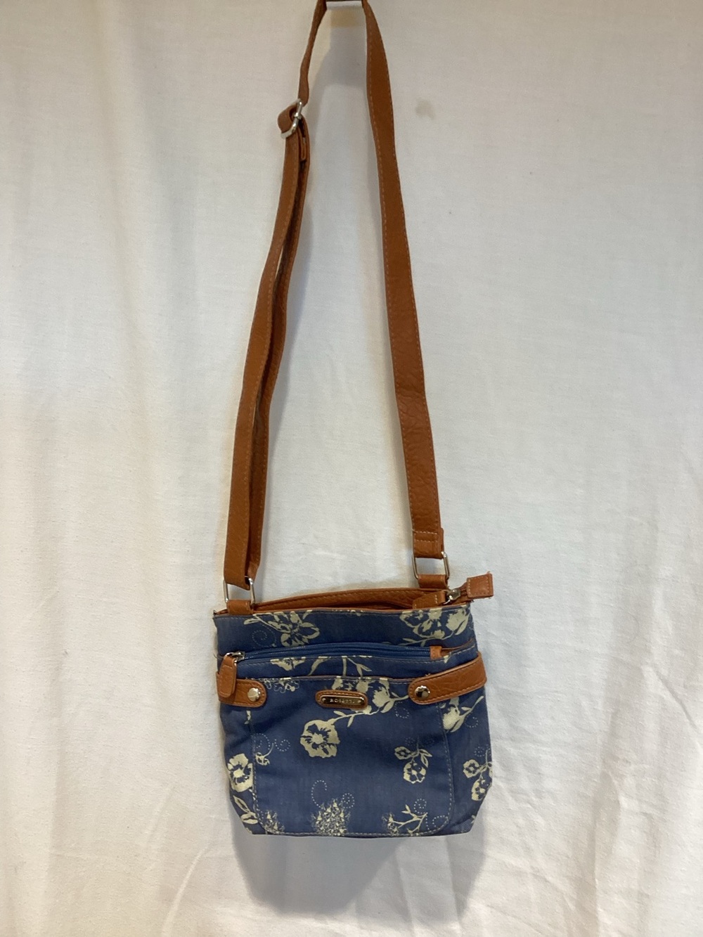 Blue Floral Crossbody Bag with Tan Strap